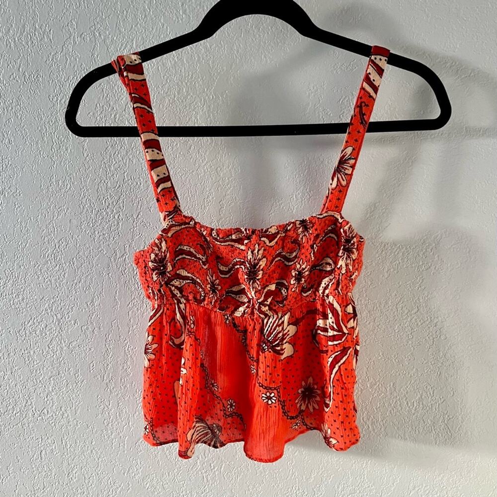 Free People One Floral Print Smocked Open-Back Tank Top